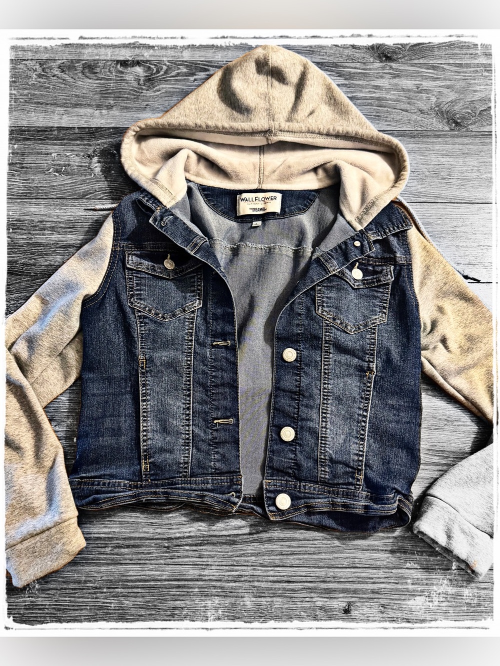 Wallflower Blue Denim Jacket with Cream Hood and Sleeves